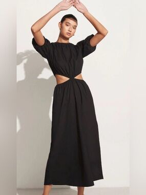 Faithfull the Brand Linen Black Maxi Dress w/ Midriff Cutouts, Puff Sleeve, Sz 8